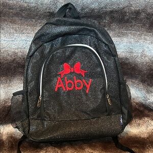 Black Glitter Backpack with Red Embroidery